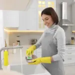 depositphotos 651950012 stock photo happy young woman washing plate 1