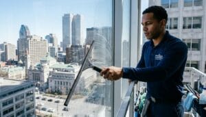 Professional squeegee technique for streak-free window cleaning in Montreal