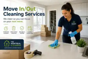 Cleaner wiping counter during move-out cleaning service