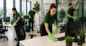 Équipe de ménage commercial vert nettoyant un bureau