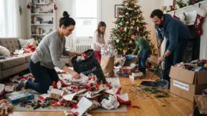 nettoyage post-Noël: Famille nettoyant après l’ouverture des cadeaux de Noël