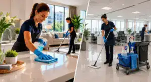 Professional cleaners sanitizing home and office spaces