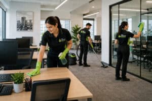 Équipe d’entretien nettoyant un bureau moderne