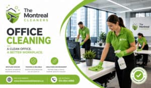 Professional office cleaning staff disinfecting modern workspace