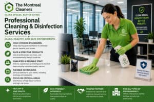 Professional disinfection technician sanitizing a residential space in Montreal using certified eco-friendly products