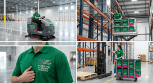 Warehouse cleaning staff using equipment and supplies