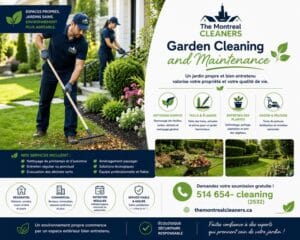 Gardeners raking leaves in landscaped residential garden