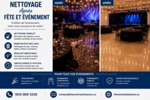 Nettoyage après événement, salle avant et après