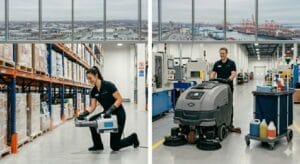 Nettoyage industriel dans un entrepôt moderne