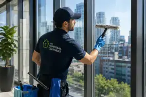 Nettoyeur lavant une grande fenêtre d’immeuble